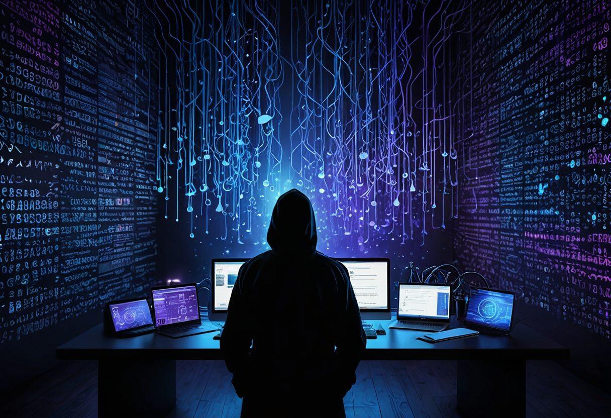 A digital landscape showcasing an enigmatic figure cloaked in shadows, surrounded by tools like a VPN, a locked padlock, and a web browser with incognito mode highlighted. The backdrop features abstract representations of the internet, like binary code and floating network nodes, all bathed in mysterious blue and purple hues. The image conveys a sense of security and exploration, perfect for illustrating online anonymity. cyberpunk. vibrant colors. 3D.