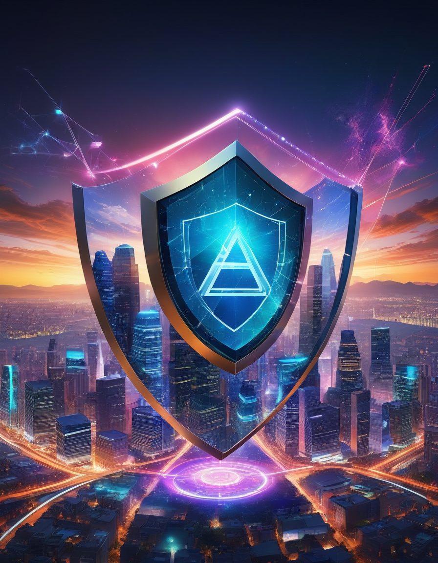 An elaborate digital landscape showcasing a robust shield symbolizing internet security, surrounded by ethereal proxies and floating VPN symbols. A serene, glowing network of connections in the background, with a futuristic city skyline under a starlit sky, representing safety in the digital realm. Include diverse users on devices happily browsing. vibrant colors. super-realistic.