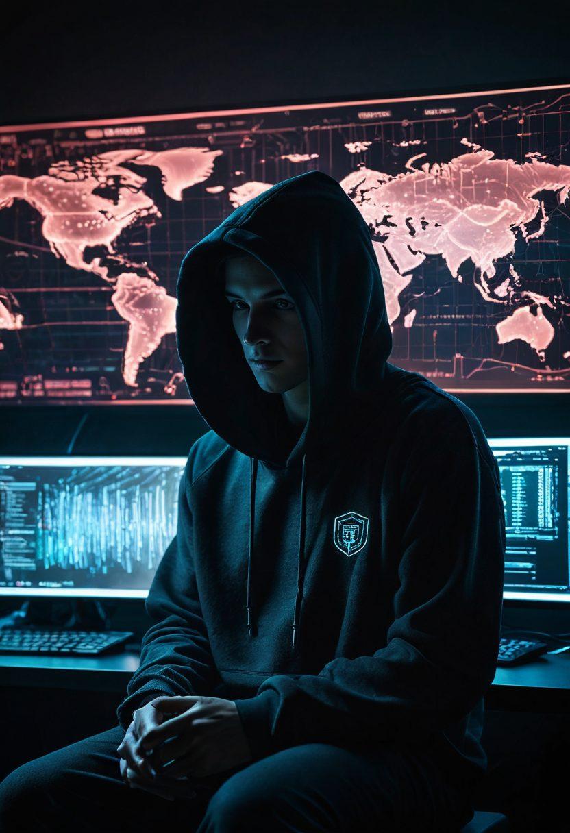 A mysterious figure wearing a hoodie sits in a dimly lit room surrounded by multiple computer screens displaying encrypted data, proxies, and privacy tools. Wisps of digital code float in the air, symbolizing online anonymity. A large globe with digital connections represents the global nature of the internet, and a shield icon signifies protection. Dark but vibrant colors enhance the cyberpunk atmosphere. super-realistic. dark tones. cyberpunk.